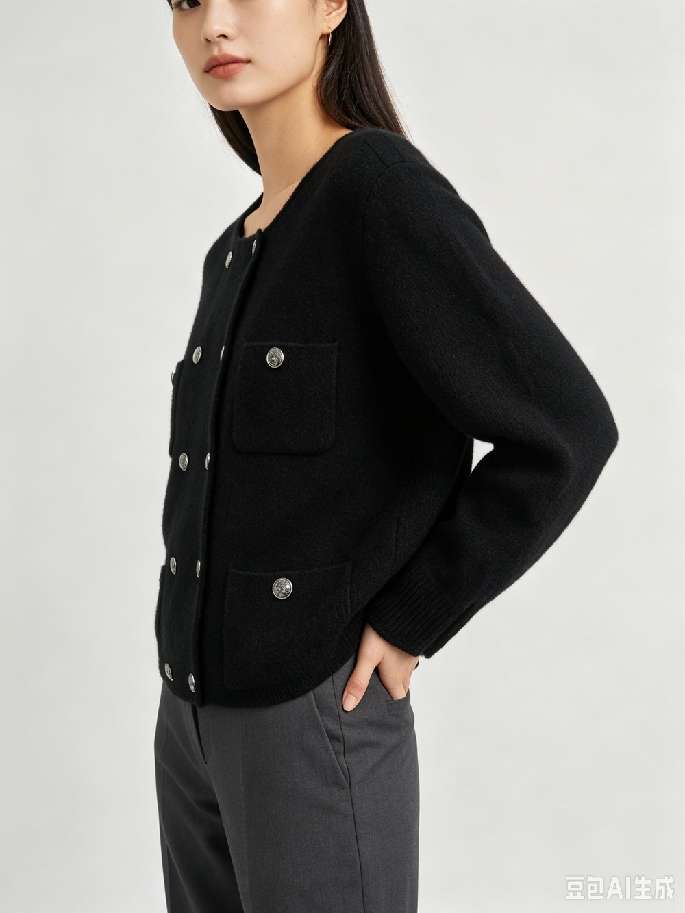 Chanel Black Double-Breasted Knit Jacket - Picture 5 of 12